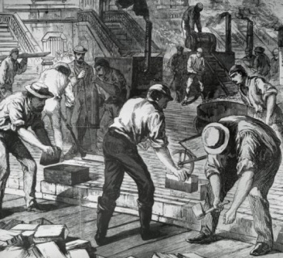 Laying the Nicolson Wood Pavement in 14th Street New York City 1869 Artist Unknown Poster Print - 18 x 24 in.