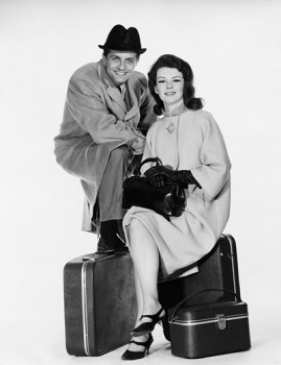 SAL2554950 Portrait of a Mid Adult Couple Sitting with Luggage Poster Print - 18 x 24 in.
