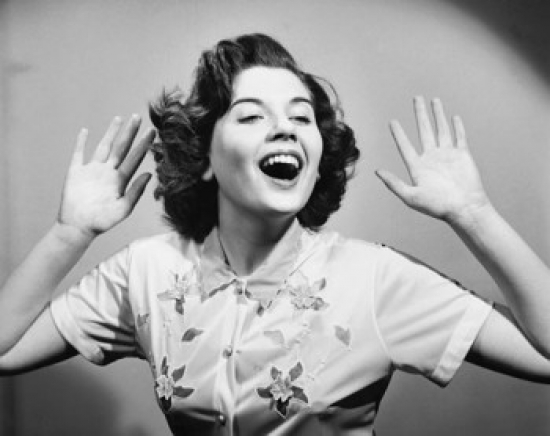 SAL25550134 Close-Up of a Young Woman with Her Arms Raised & Laughing Poster Print - 18 x 24 in.
