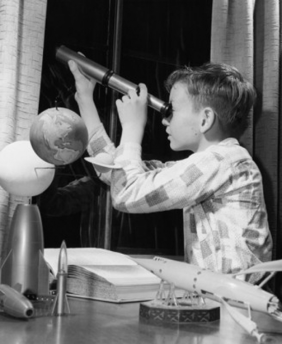 Boy Looking Through a Telescope Poster Print - 18 x 24 in.