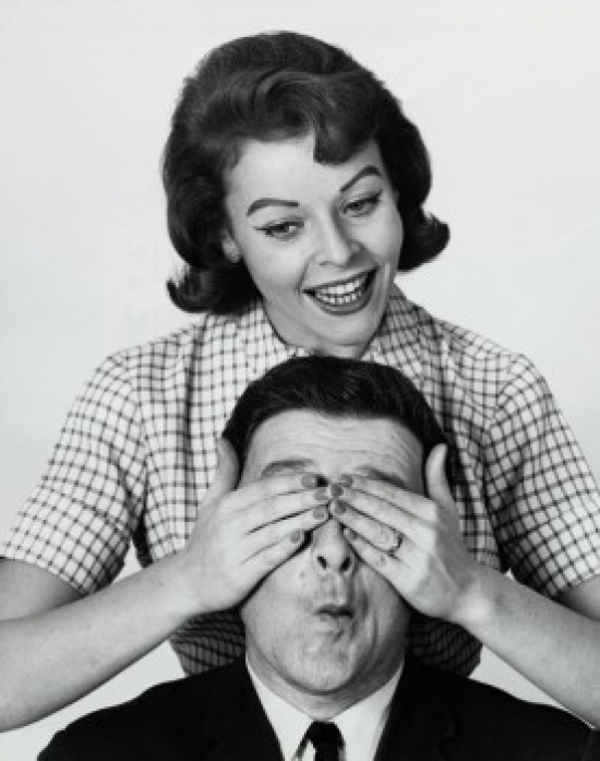 SAL2557330 Close-Up of a Mid Adult Woman Covering a Mid Adult Mans Eyes Poster Print - 18 x 24 in.