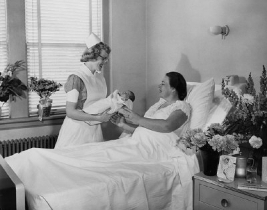 SAL2557966 Female Nurse Giving a Newborn Baby to a Young Woman Lying in a Hospital Bed Poster Print - 18 x 24 in -  Posterazzi