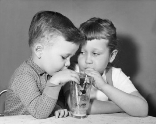 SAL255865 Close-Up of a Boy & His Sister Sharing a Glass of Juice Poster Print - 18 x 24 in.