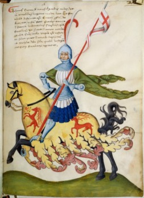 Knight on Yellow Horse with Reindeer Prints-Capodilista Codex Manuscript Illumination Biblioteca Civica Padua - 18 x 24 in.