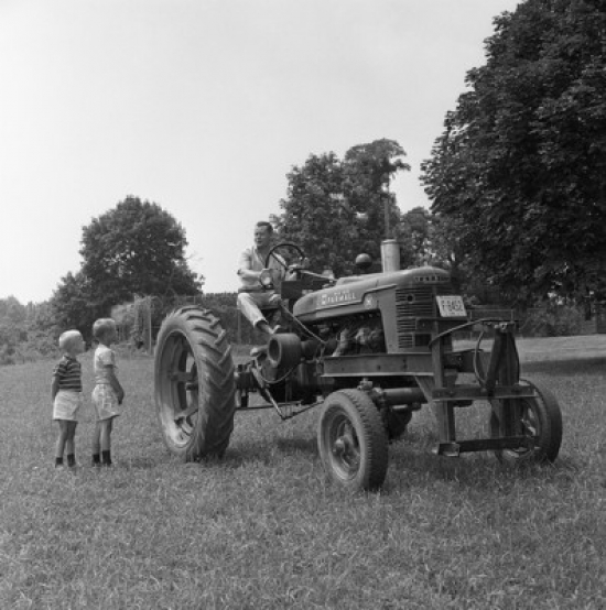 Father with Two Sons Working on Field Poster Print - 18 x 24 in.