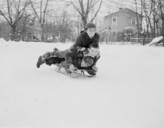 Three Boys Sledding Down on Slope Poster Print - 18 x 24 in.