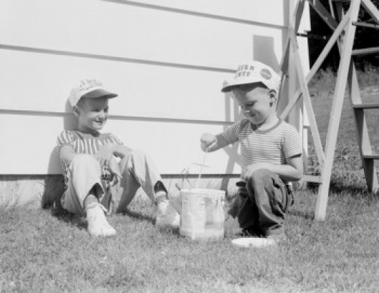 Two Boys Playing in Back Yard Poster Print - 18 x 24 in.