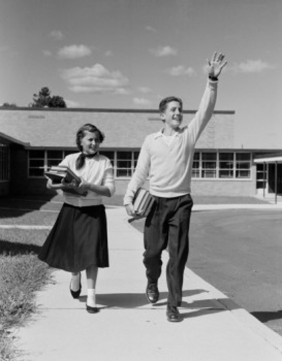 Boy & Girl Walking Front School Poster Print