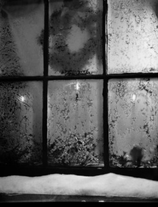 Frosted Window with Christmas Decoration Behind Poster Print - 18 x 24 in.