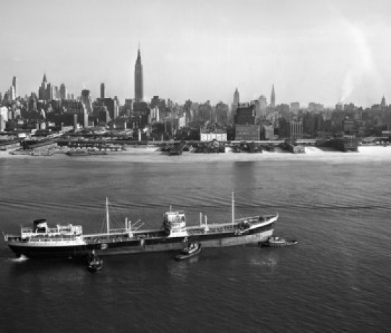 USA New York State New York City Cargo Ship on East River Poster Print - 18 x 24 in.