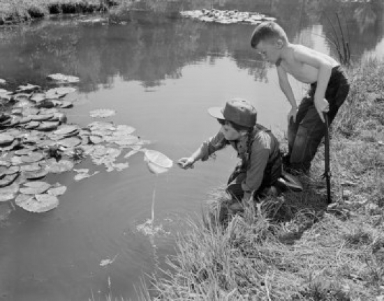 Boys Hunting for Tadpole Poster Print - 18 x 24 in.
