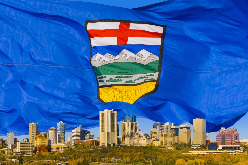 DPI1779175LARGE Albertas Flag Behind Edmonton Skyline Poster Print by Corey Hochachka, 34 x 22 - Large
