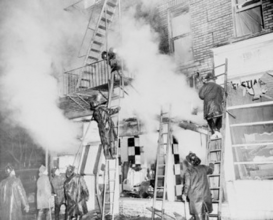 USA New York State New York City Brooklyn Firemen Fighting Blaze at Apartment House Poster Print