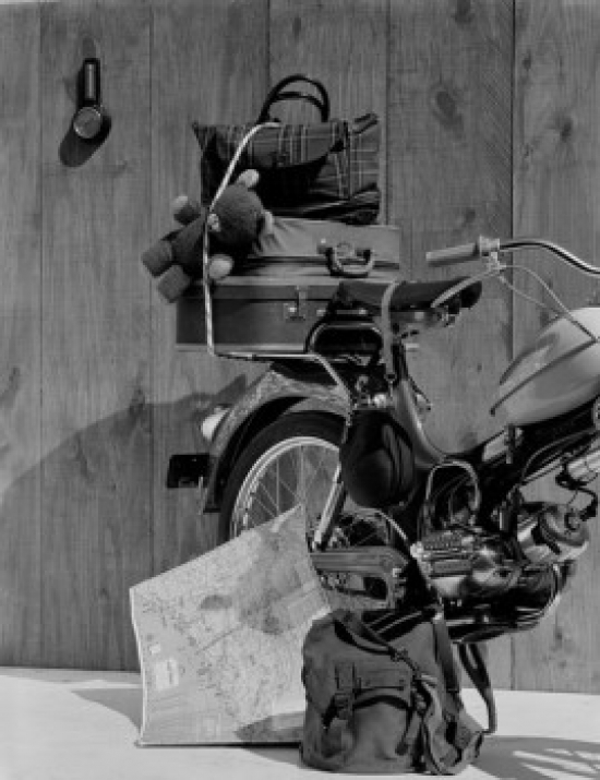 Array of Travel Items on Motorcycle Poster Print - 18 x 24 in.