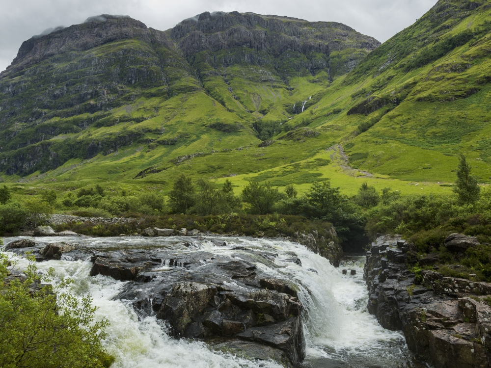 DPI12302844 Water in a River Rushing Over Rocks & Lush Grass in The Hills - Scotland Poster Print by Keith Levit, 17 x 13