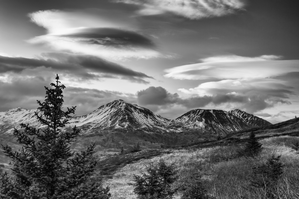 Black & White Photo of Lenticular Clouds Over The Three Sisters Mountains Kodiak Island Southwest Alaska Poster Print by Marion Owen, 19 x 12