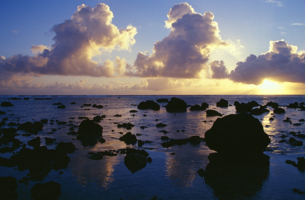 DPI1783873 Reflected Sunset Clouds & Silhouetted Rocks On Beach Rarotonga Island Poster Print by Natural Selection Craig Tuttle, 18 x 12