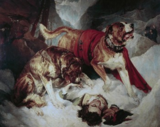 Alpine Mastiffs Reanimating a Distressed Traveller Edwin Henry Landseer 1802-1873 British Poster Print - 18 x 24 in.