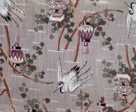 Storks & Japanese Lanterns on Linen Weaved Cloth Poster Print - 18 x 24 in.