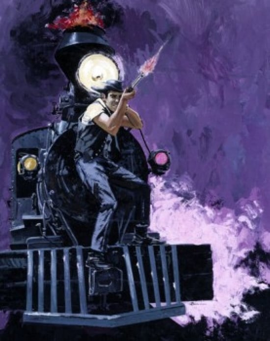 Cowboy Shooting Gun on Train Poster Print - 18 x 24 in.