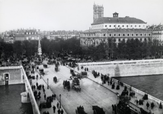 High Angle View of a Group of People Walking on a Bridge Saint-Jacques Tower