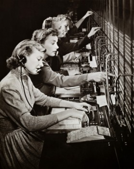Side Profile of a Group of Telephone Operators Operating Switchboards Poster Print - 18 x 24 in.