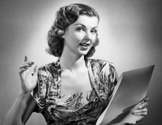Portrait of a Young Woman Holding a Paper & Singing Poster Print - 18 x 24 in.