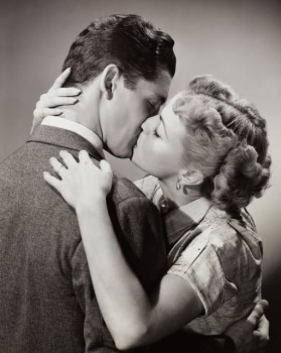 SAL2555589 Side Profile of a Young Couple Kissing Poster Print - 18 x 24 in.