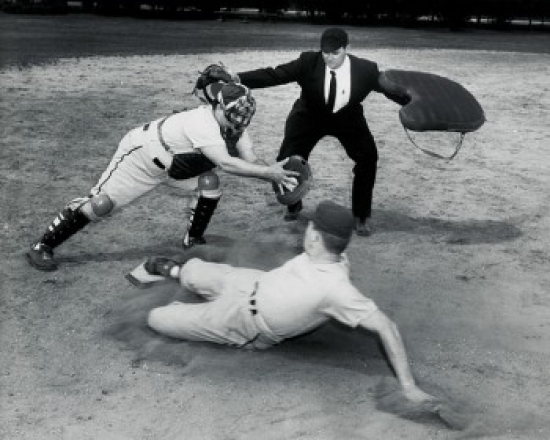 High Angle View of a Baseball Player Sliding on Home Base & a Catcher Trying to Tag Him Poster Print - 18 x 24 in.