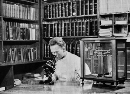 Scientist Looking Through a Microscope in a Chemical Research Laboratory Poster Print - 18 x 24 in.