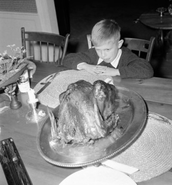 SAL255677 Boy Sitting at Dining Table & Looking at Roasted Turkey on Thanksgiving Day Poster Print - 18 x 24 in.