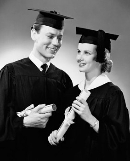 Two Graduates Holding Diplomas & Smiling Poster Print - 18 x 24 in.