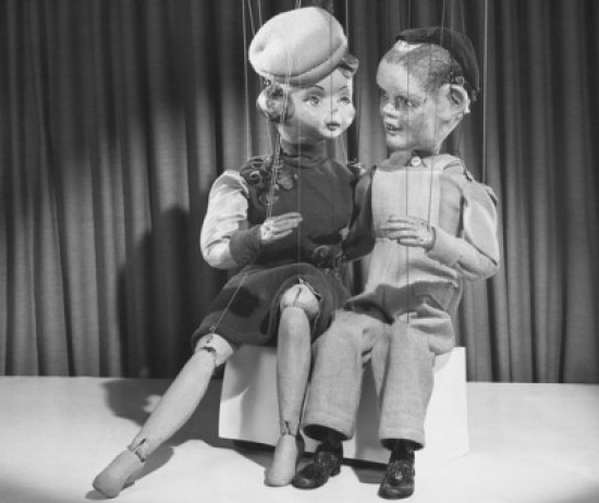Two Marionettes Sitting on Stage Poster Print - 18 x 24 in.