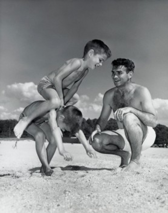 Father Watching Boys Playing on Beach Poster Print - 18 x 24 in.