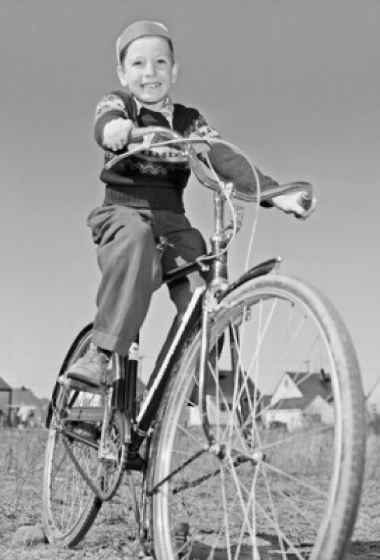 Low Angle View of a Boy Riding a Bicycle Poster Print - 18 x 24 in.