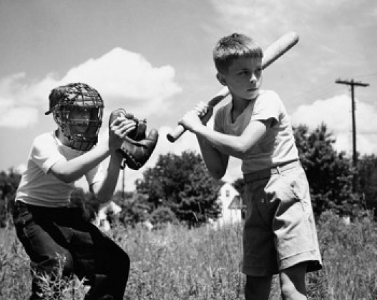 Two Boys Playing Baseball in Field Poster Print 18 x 24 in.