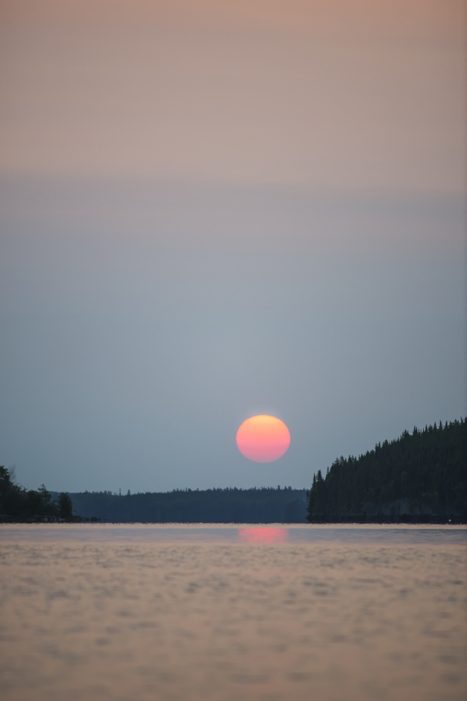 A Red Sun Setting Over The Forest with A Lake Reflecting The Pink Glow - Manitoba Canada Poster Print by Thomas Fricke, 24 x 38 - Large