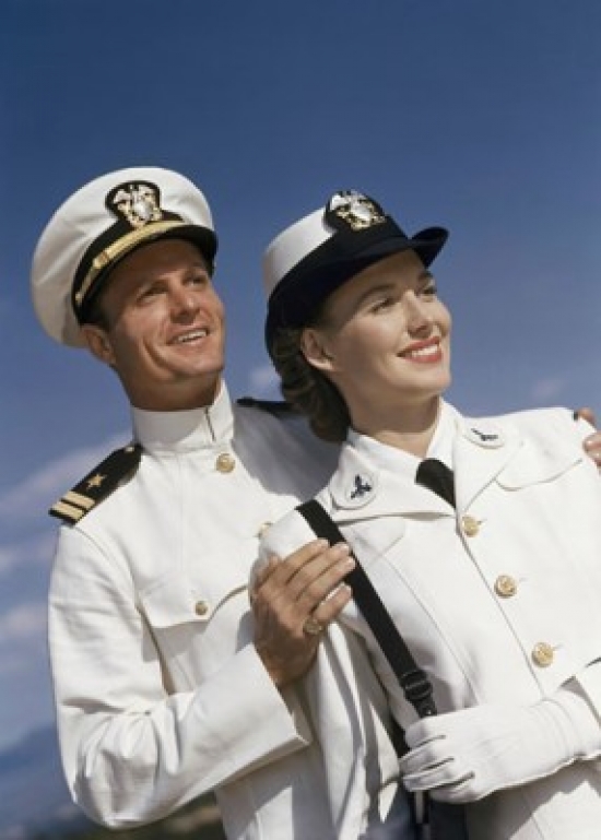 SAL38441140 Close-Up of a Young Couple Smiling in US Naval Uniforms Poster Print - 18 x 24 in.