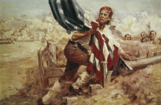 SAL900122984 Sgt William Jasper Replacing the Flag at Fort Moultrie June 28 1776 Frederick Coffay Yohn 1875-1933 American Poster Print - 18 x 24 in.