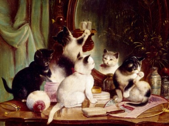 Kittens on the Vanity Table Hartung J. 20th C. German Poster Print - 18 x 24 in.