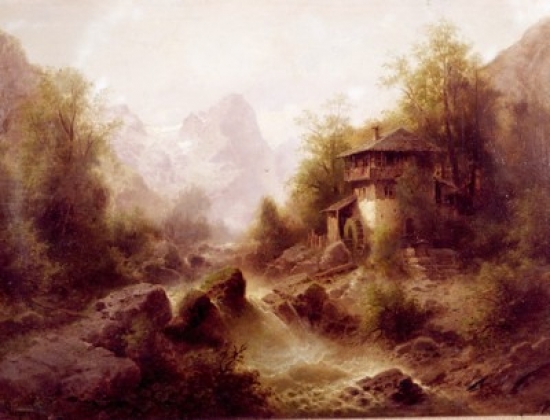 Waterfall with Mill by Albert Rieger 1834-1905 Poster Print - 18 x 24 in.