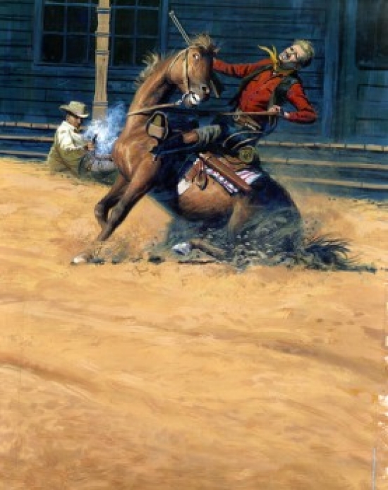 Cowboy Shooting Enemy on Horseback Poster Print - 18 x 24 in.