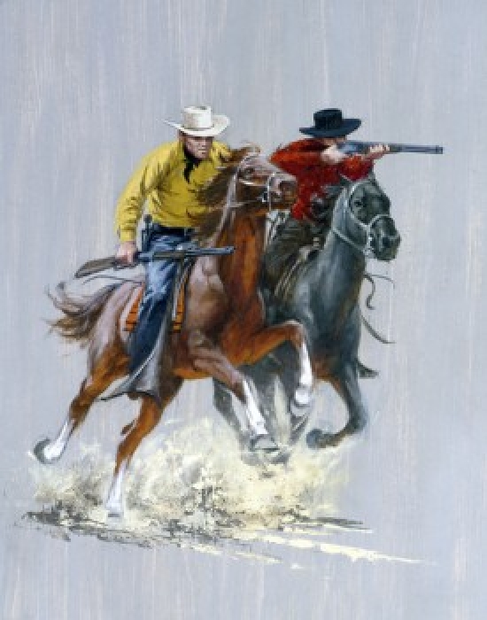 Two Cowboys Shooting on Horseback Poster Print - 18 x 24 in.