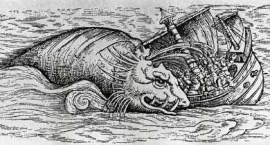 SAL9952727 Sea Serpent Attacking Medieval Ship by Unknown Artist Print Poster Print - 18 x 24 in.