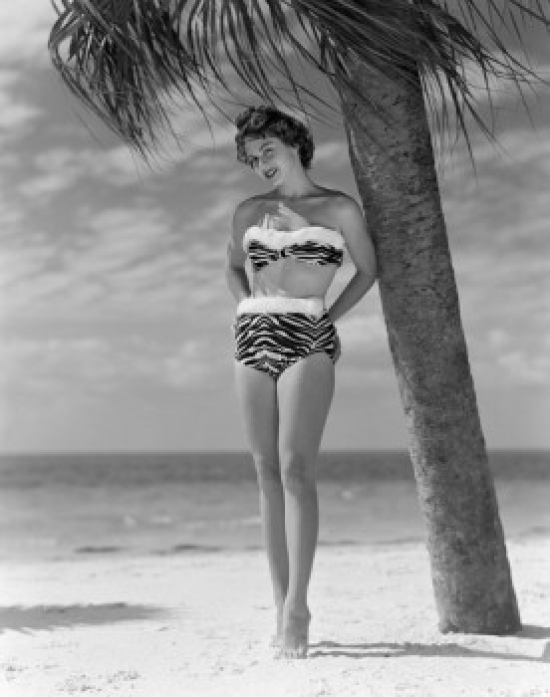 SAL255417920 Pin-Up Girl Standing Under Palm Tree Wearing Bikini Poster Print - 18 x 24 in.