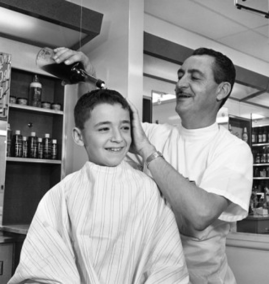 Barber Applying Cosmetics on Boys Head Poster Print - 18 x 24 in.