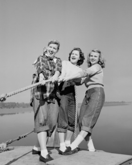 Three Girls Pulling Rope on Jetty Poster Print - 18 x 24 in.