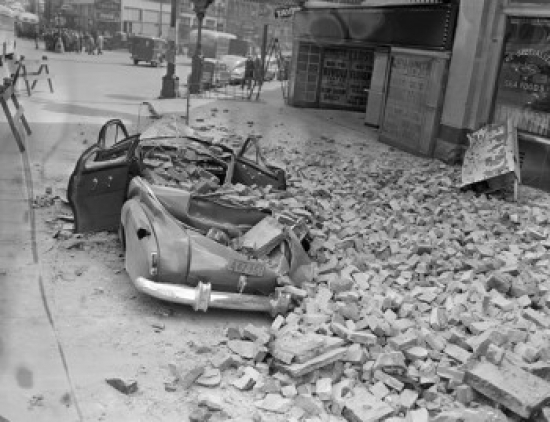 USA Washington Seattle Earth Quake Damage Car Demolished by Falling Bricks Poster Print - 18 x 24 in.