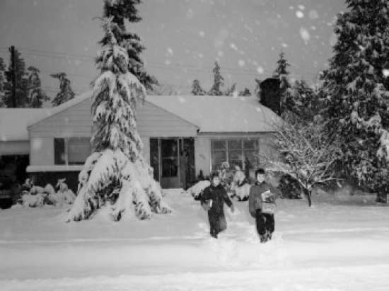 Kids Leaving Home During Heavy Snow Fall Poster Print - 18 x 24 in.
