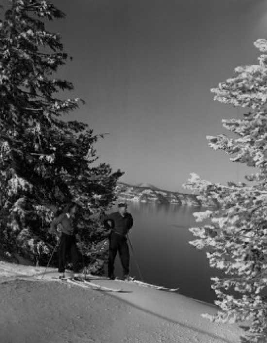 USA Oregon Couple Cross-Country Skiing by Crater Lake Poster Print - 18 x 24 in -  BrainBoosters, BR3149348